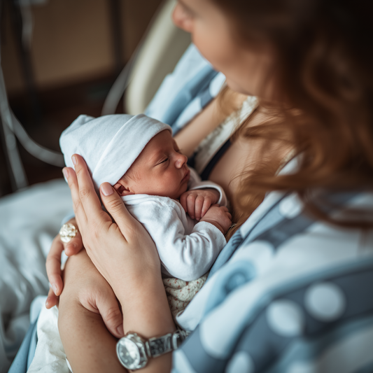 A woman cradles a sleeping newborn dressed in white clothing and a hat, holding the baby gently in her arms while sitting in a hospital setting—capturing the tender moments at the beginning of her postpartum recovery. This serene scene beautifully reflects the early days highlighted in The First 2 Weeks: Postpartum Recovery Checklist (Free), emphasizing care, rest, and bonding with her little one.