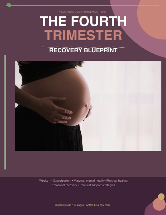Cover of The Fourth Trimester Recovery Blueprint shows a pregnant woman gently holding her bare belly, with topics such as postpartum recovery, mental health, and new mom support listed below.