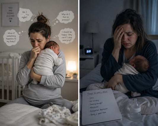 Split image of a worried mother with her baby in a dim nursery, highlighting anxiety and self-doubt. Showcases the challenges of early motherhood and how Somatic Relief For Postpartum Anxiety can help ease postpartum stress.