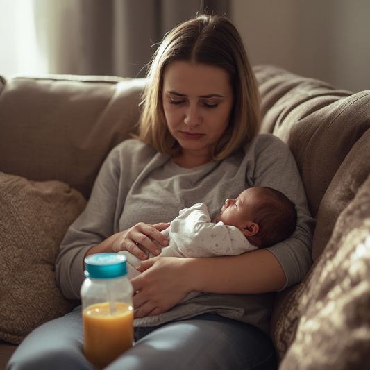 A woman sits on a sofa cradling her sleeping baby, considering breastfeeding. The Combo Feeding Guide rests nearby, offering support. The cozy setting is softly lit.