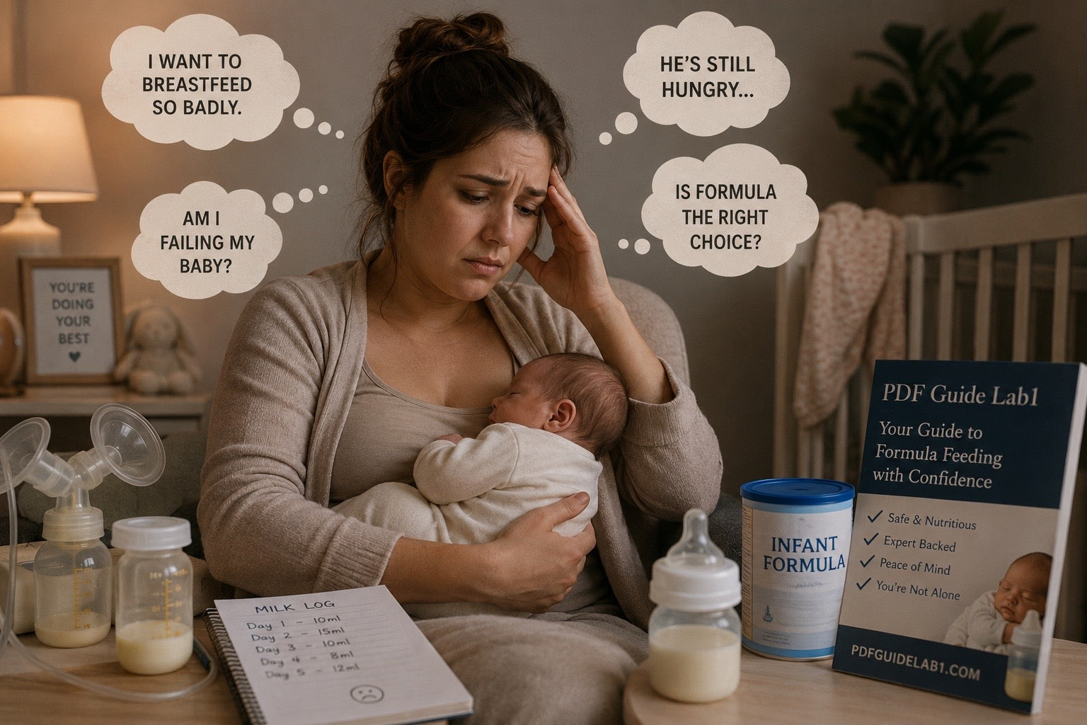 A worried mother sits on the couch with her baby, surrounded by formula, bottles, a breast pump, and a milk log. Thought bubbles reveal her concerns about feeding choices; The Combo Feeding Guide offers her support and answers.